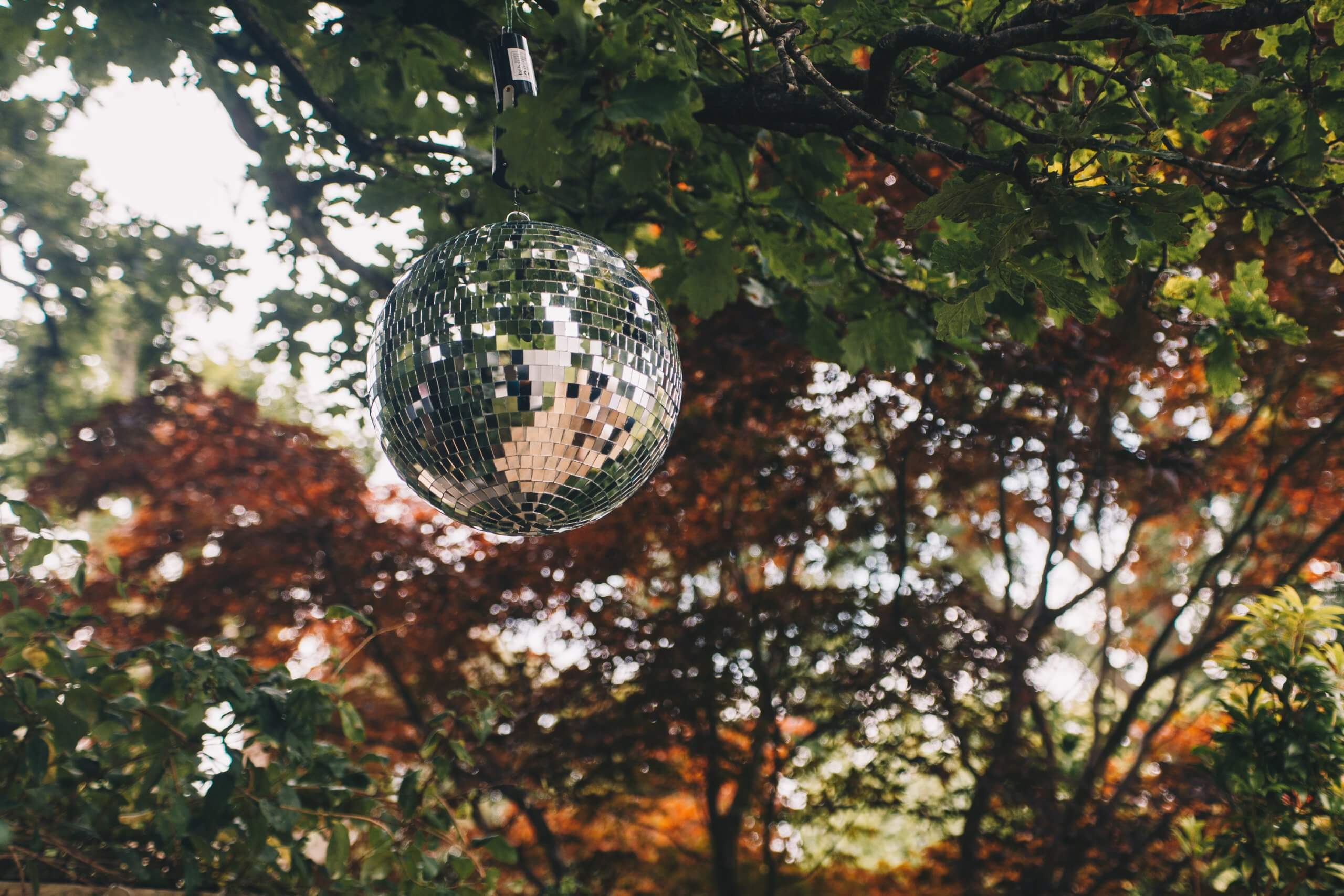 When Should I Book My Wedding Photographer? blog post disco ball in wedding garden party image