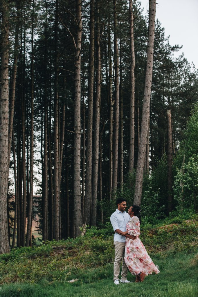 Couple sharing a quiet moment during sunset – candid autumn wedding photography