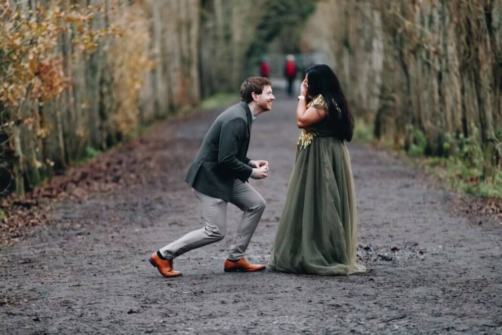 Manchester proposal photographer capturing a surprise engagement moment