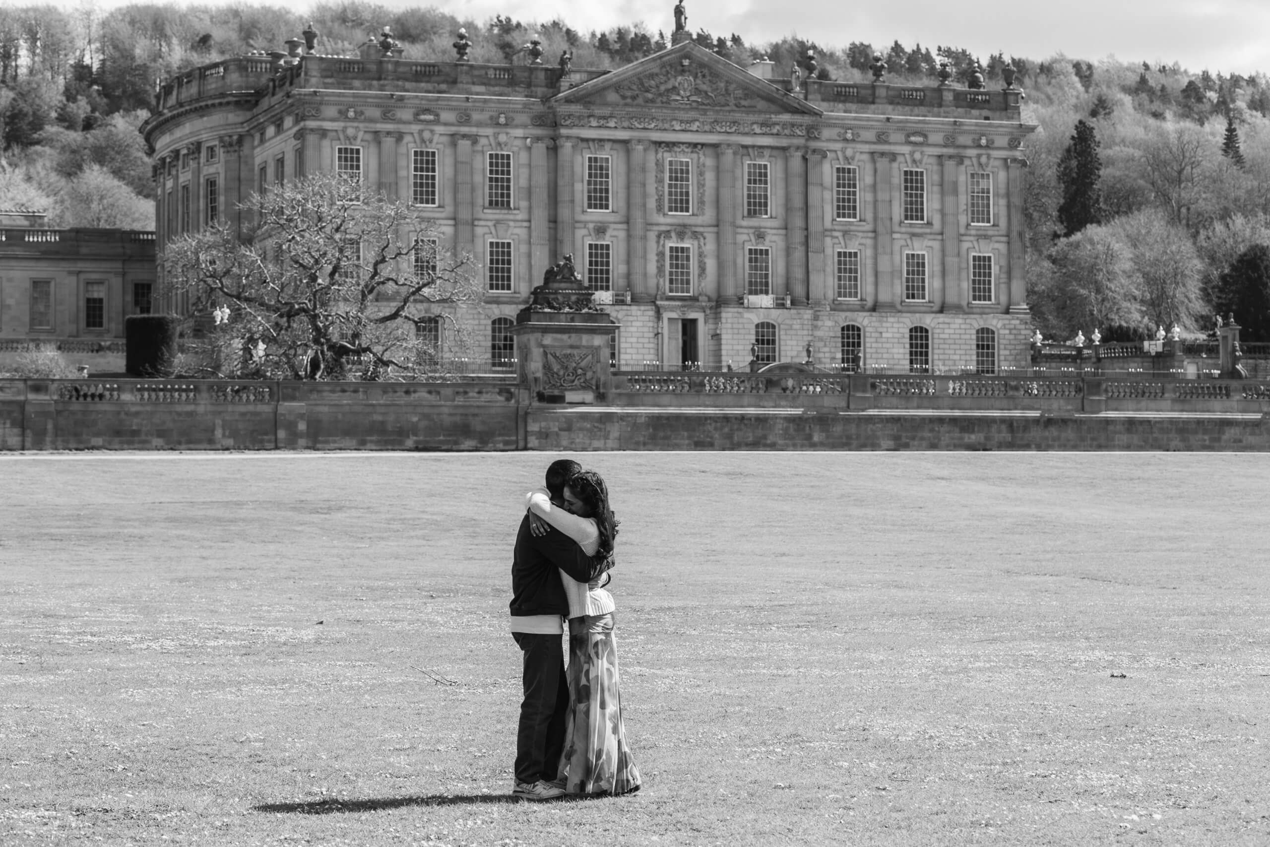 Elegant engagement photoshoot at historic manor house in Derbyshire