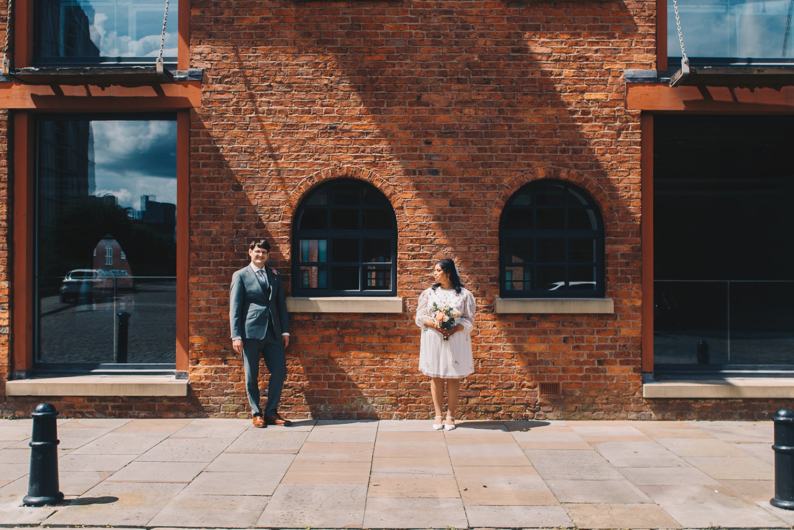Bride and groom portrait beside Castlefield Basin at The Castlefield Rooms