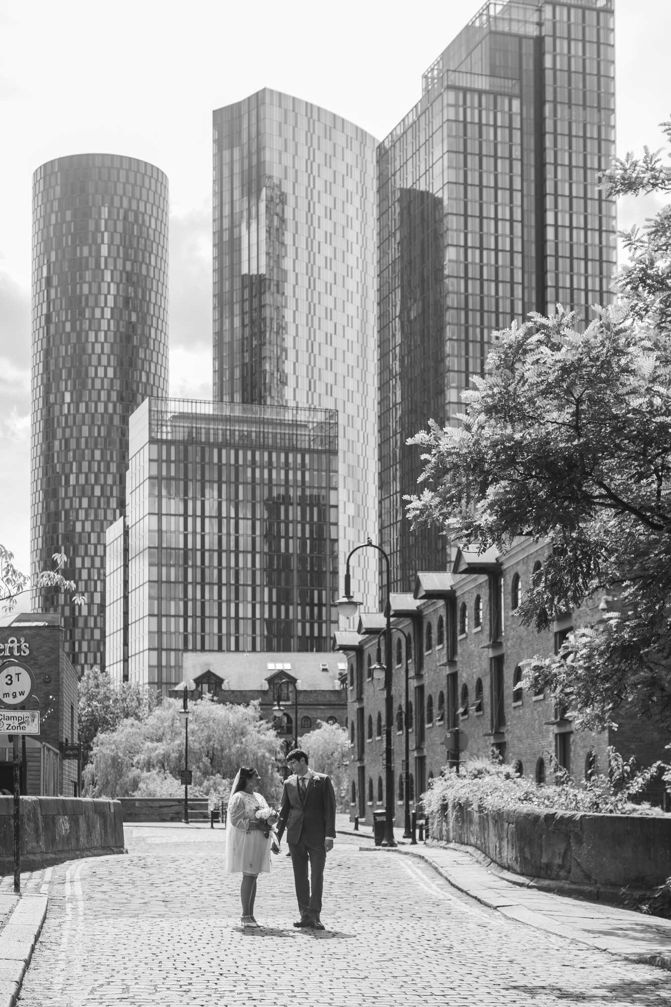Romantic wedding portraits outside The Castlefield Rooms