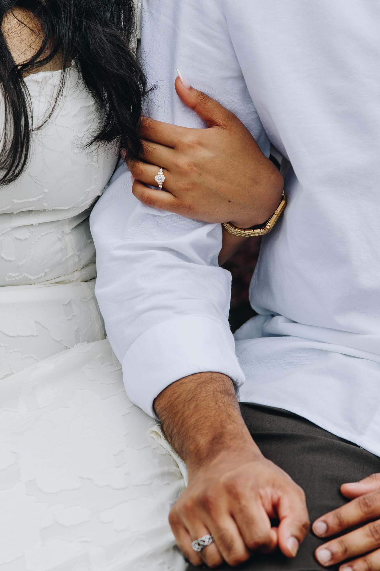 engaged couple sharing a moment in the gardens