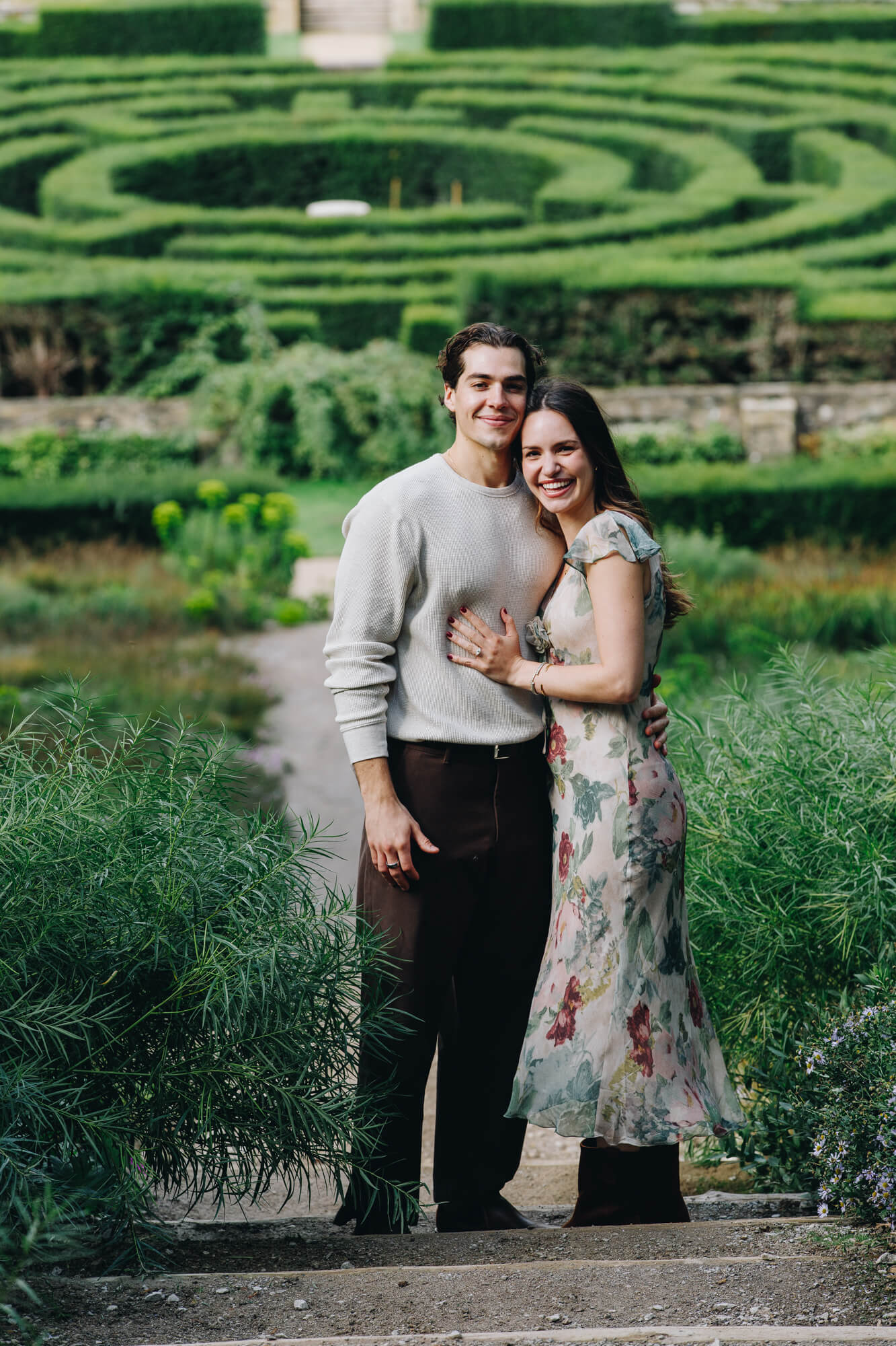 Romantic portrait of newly engaged couple at Chatsworth House