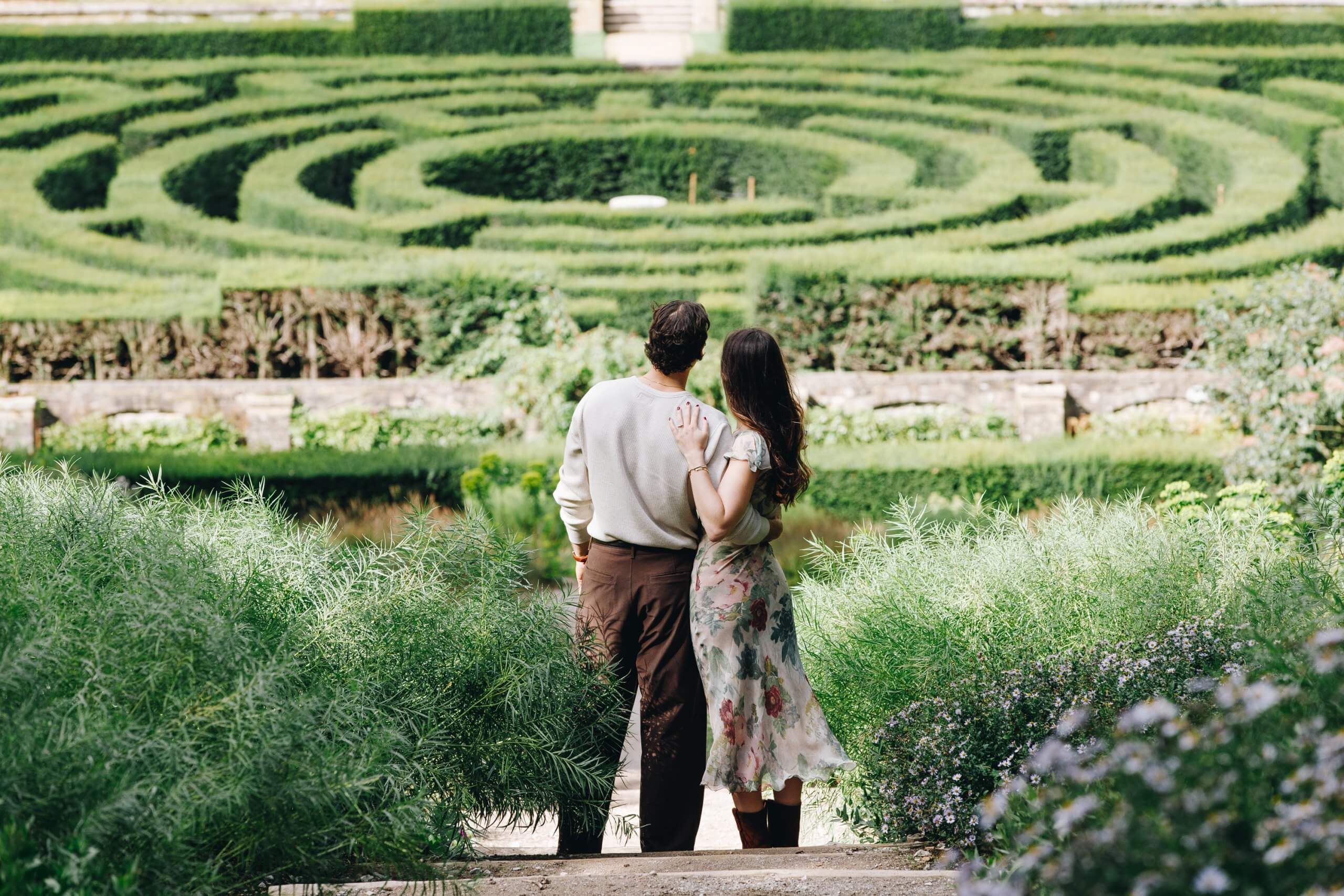 Romantic portrait of newly engaged couple at Chatsworth House