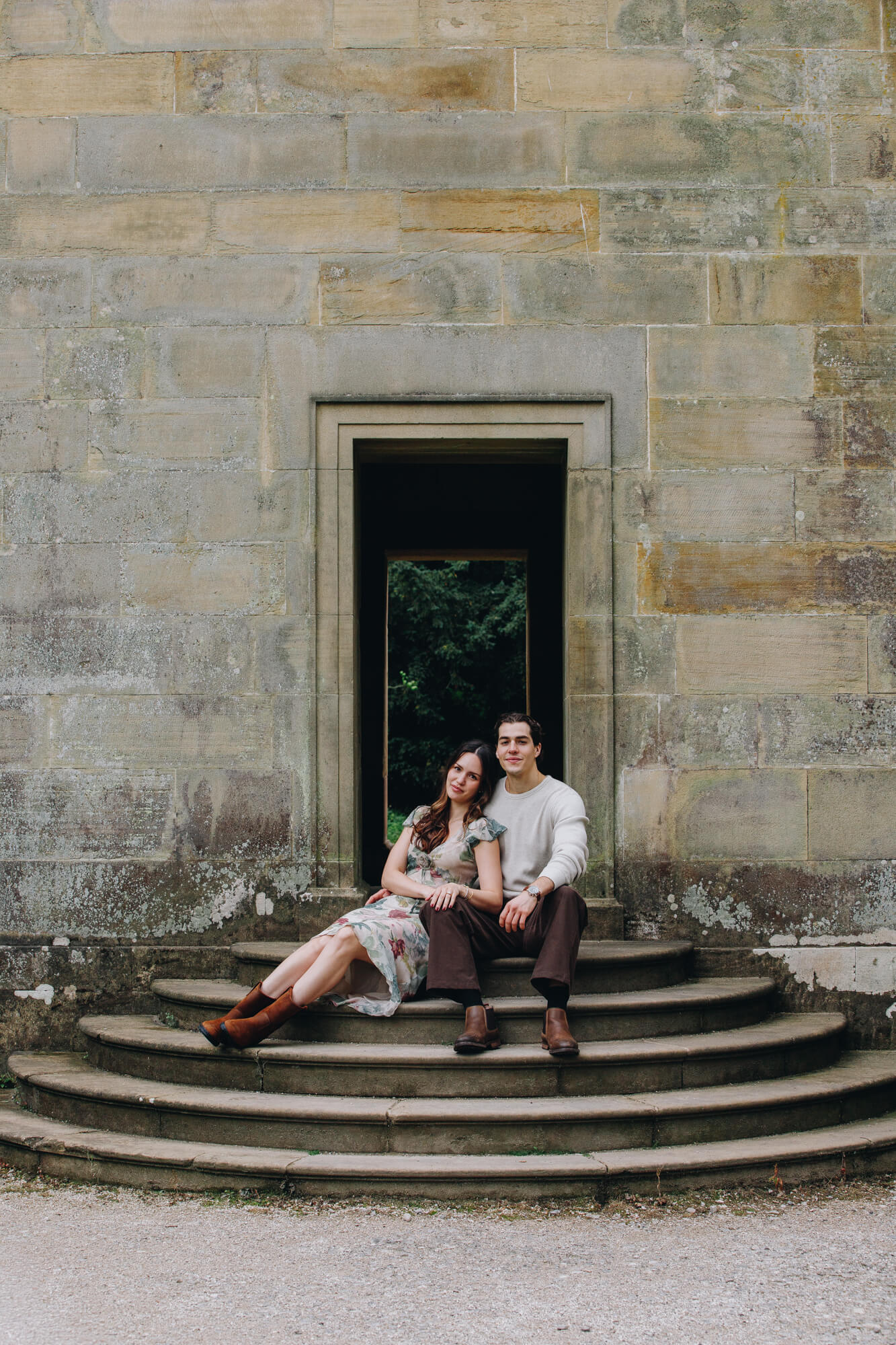 Romantic portrait of newly engaged couple at Chatsworth House
