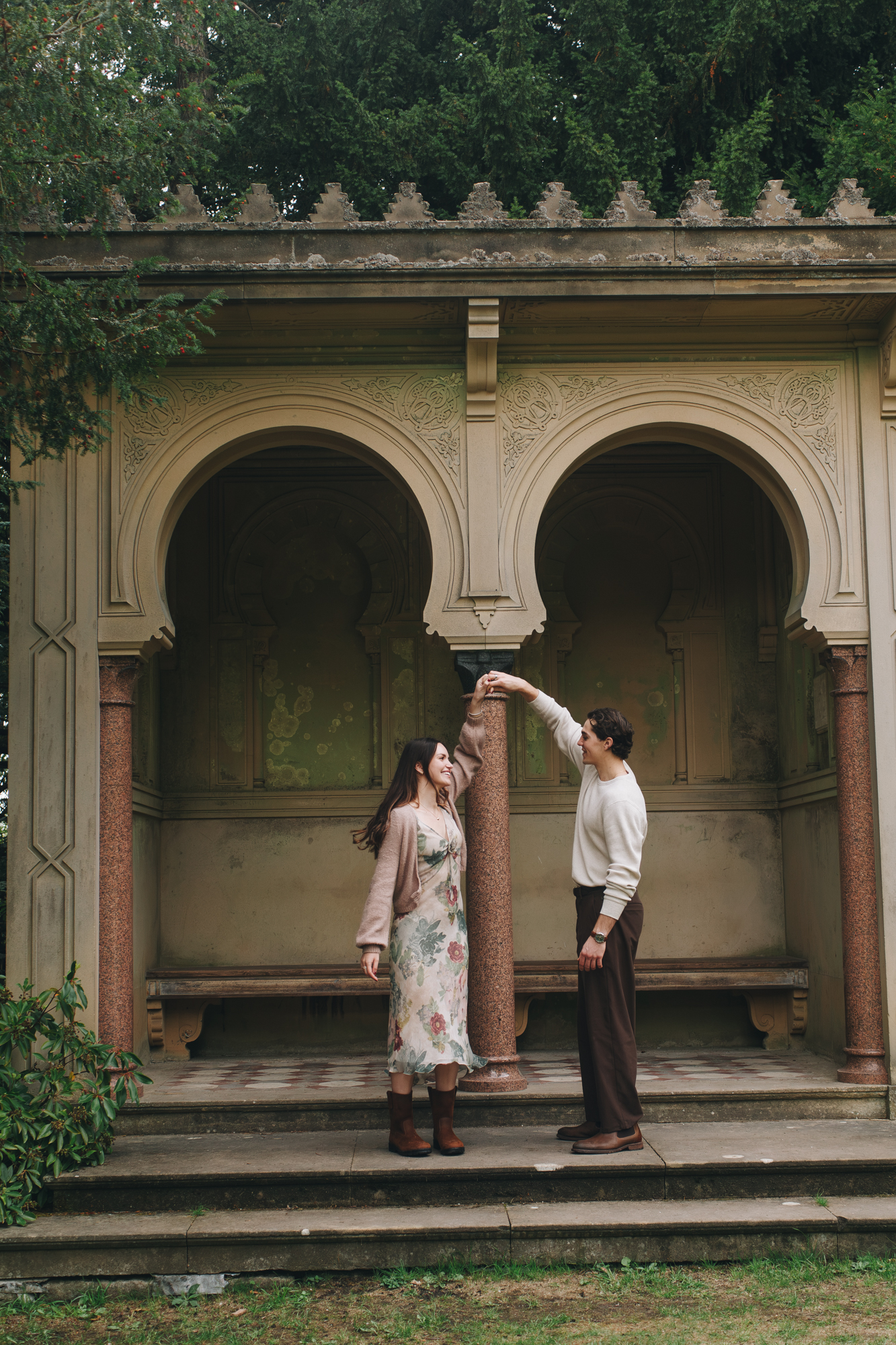 Daniella and Lucas sharing a romantic moment in the Chatsworth gardens