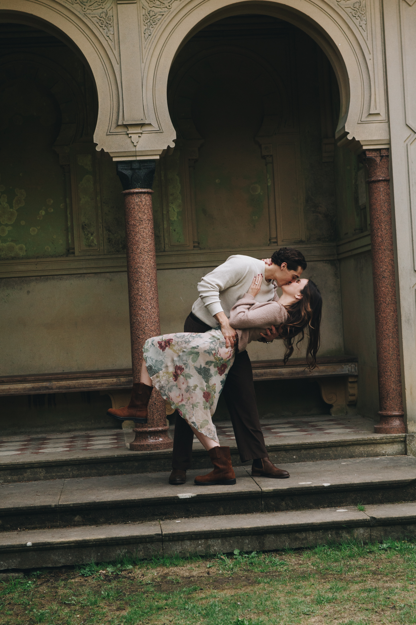 Daniella and Lucas sharing a romantic moment in the Chatsworth gardens